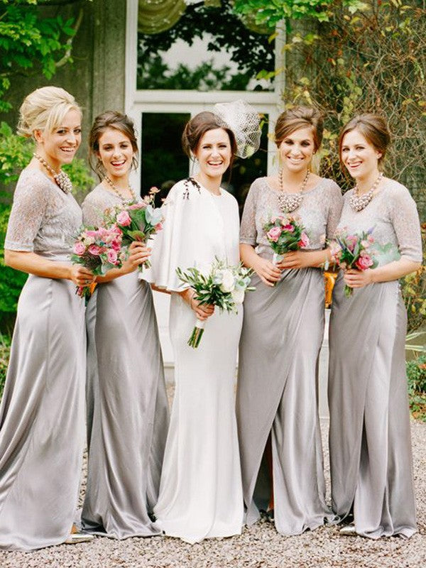 Princess Silver Scoop 1/2 Sleeves Satin Bridesmaid Dress