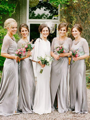 Princess Silver Scoop 1/2 Sleeves Satin Bridesmaid Dress