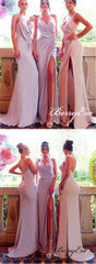 Spaghettu Long Mermaid Side Slit Jersey Bridesmaid Dresses - RongMoon