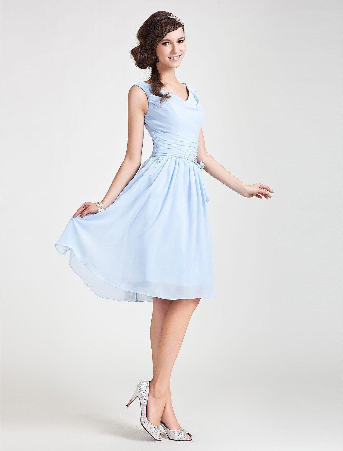 Princess / A-Line Bridesmaid Dress Cowl Neck Sleeveless Elegant Knee Length Chiffon with Sash / Ribbon / Ruched / Draping - RongMoon