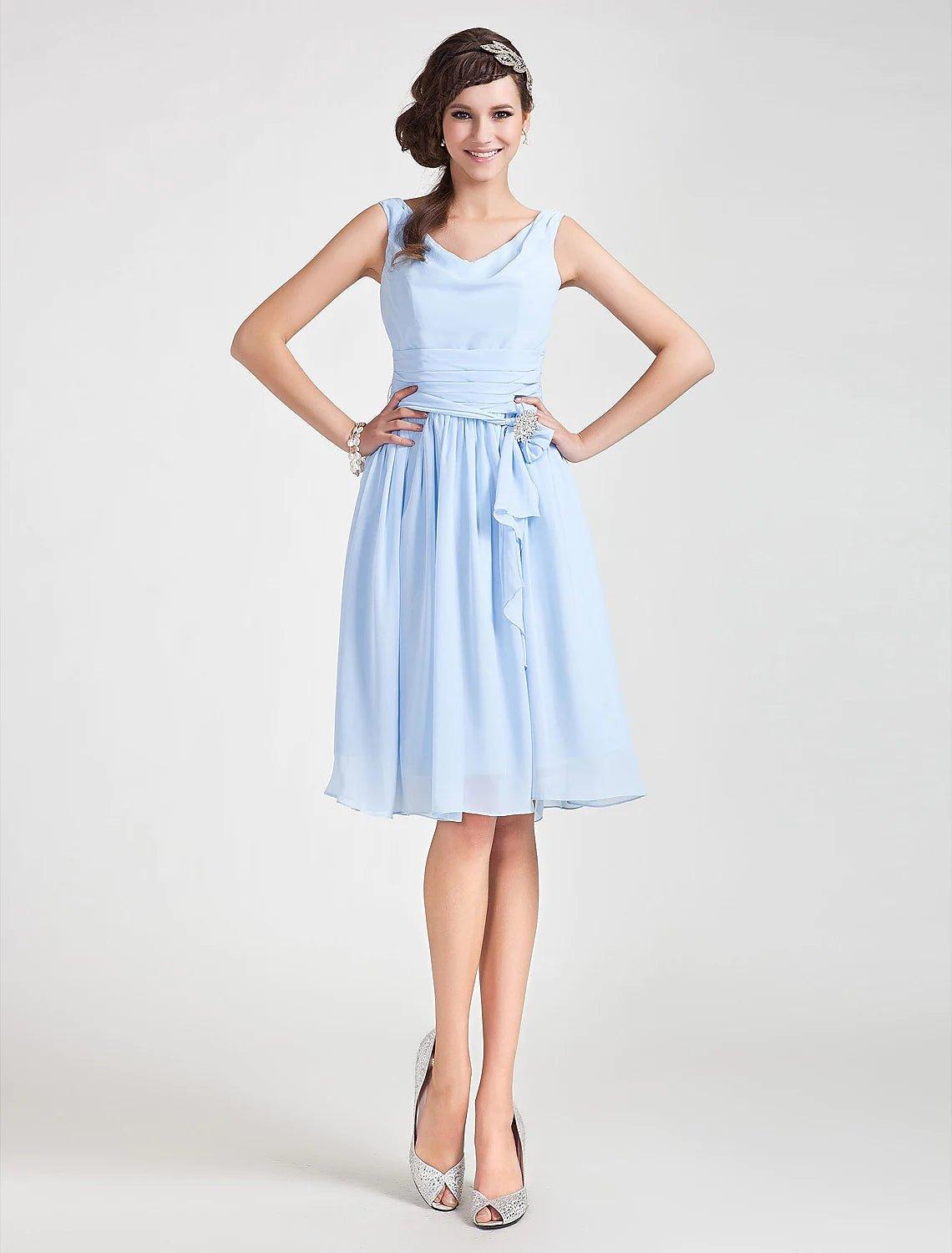 Princess / A-Line Bridesmaid Dress Cowl Neck Sleeveless Elegant Knee Length Chiffon with Sash / Ribbon / Ruched / Draping - RongMoon