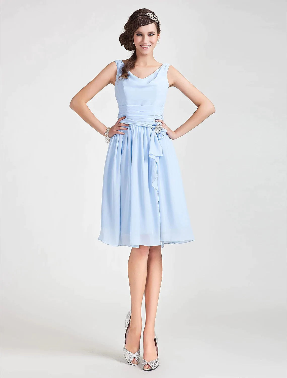 Princess / A-Line Bridesmaid Dress Cowl Neck Sleeveless Elegant Knee Length Chiffon with Sash / Ribbon / Ruched / Draping - RongMoon
