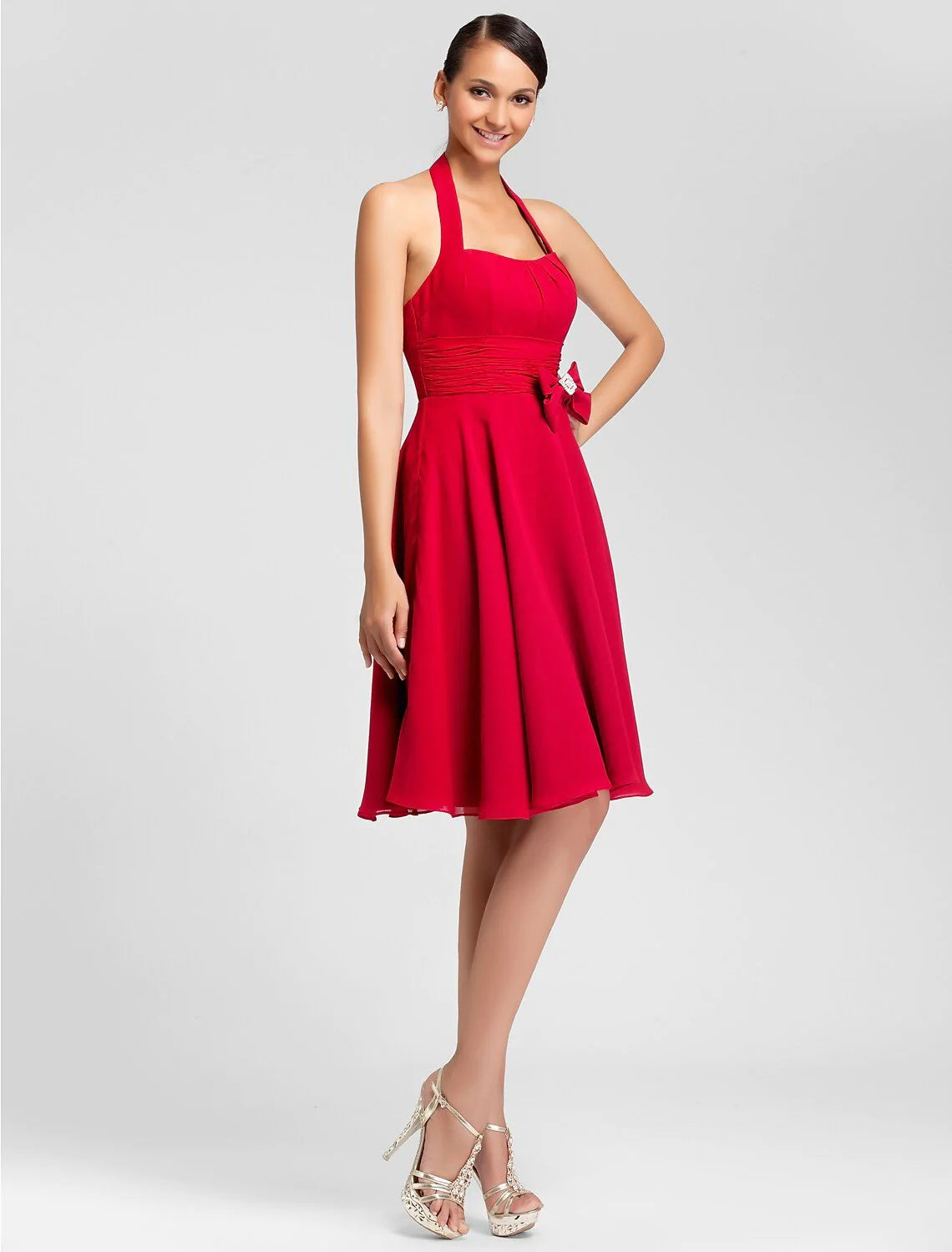 Princess / A-Line Bridesmaid Dress Halter Neck Sleeveless Open Back Knee Length Chiffon with Bow(s) / Ruched / Draping - RongMoon