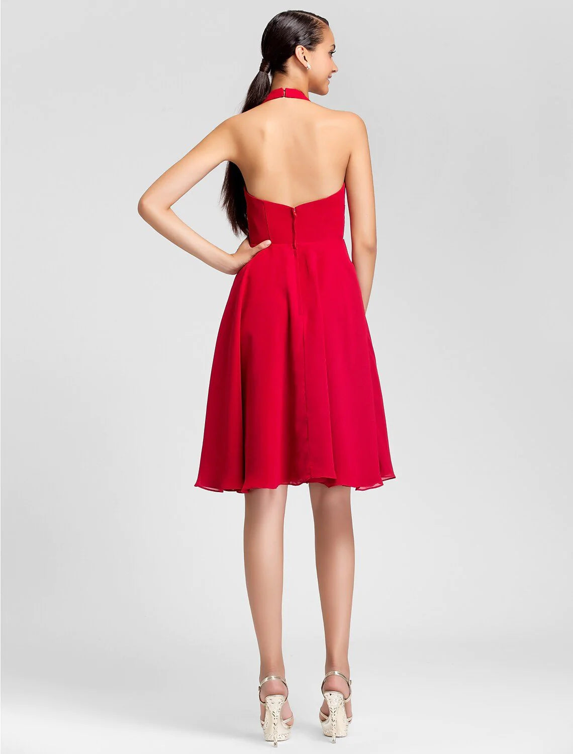 Princess / A-Line Bridesmaid Dress Halter Neck Sleeveless Open Back Knee Length Chiffon with Bow(s) / Ruched / Draping - RongMoon