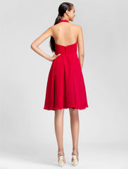 Princess / A-Line Bridesmaid Dress Halter Neck Sleeveless Open Back Knee Length Chiffon with Bow(s) / Ruched / Draping - RongMoon