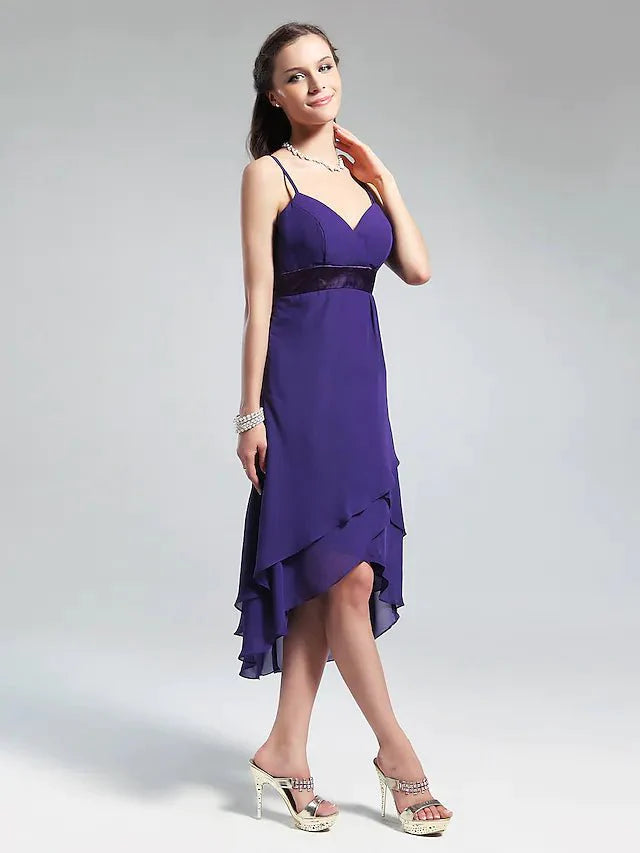 Princess / A-Line Bridesmaid Dress V Neck / Spaghetti Strap Sleeveless Sexy Asymmetrical / Knee Length Chiffon with Ruffles - RongMoon