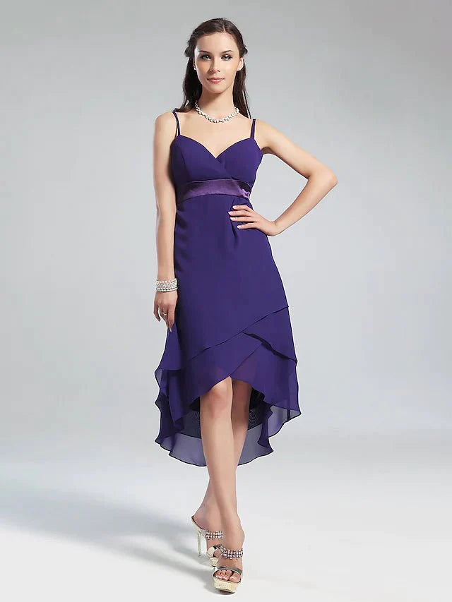 Princess / A-Line Bridesmaid Dress V Neck / Spaghetti Strap Sleeveless Sexy Asymmetrical / Knee Length Chiffon with Ruffles - RongMoon