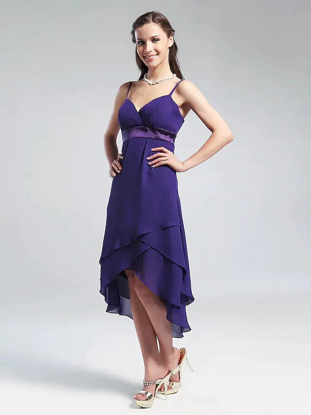 Princess / A-Line Bridesmaid Dress V Neck / Spaghetti Strap Sleeveless Sexy Asymmetrical / Knee Length Chiffon with Ruffles - RongMoon