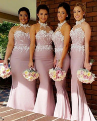 Stunning Flowers Beaded Lace Embroidery Mermaid Halter Bridesmaid Dress