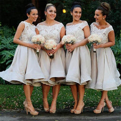 Vintage Lace Appliques Off The Shoulder Tea Length Bridesmaid Dresses