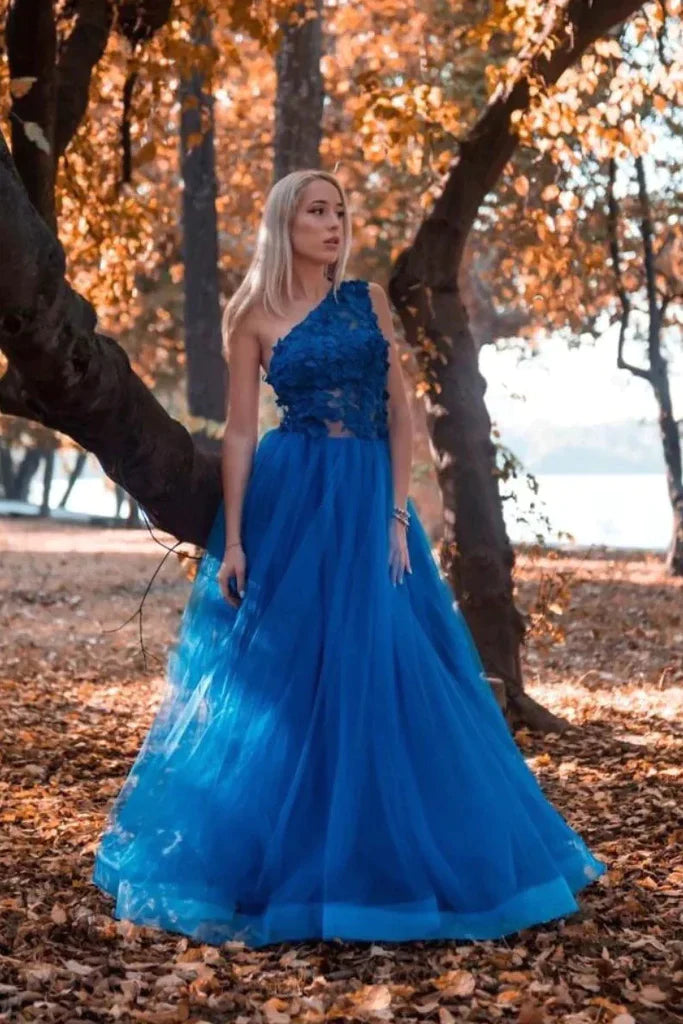 Tulle A Line Blue One Shoulder Appliques Prom Dress