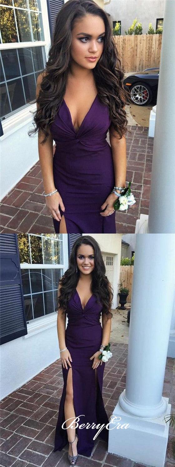 V-neck Slits Mermaid Purple Long Bridesmaid Dresses - RongMoon