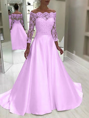 A Line Satin Off The Shoulder Long Sleeve Wedding Dress