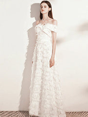 Off The Shoulder Champagne Feather Long Prom Dress