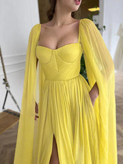 Yellow Long Sleeve Chiffon Prom Dress With Slit