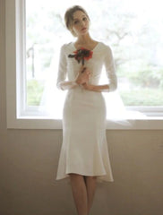 Reception Little White Dresses Wedding Dresses Mermaid / Trumpet V Neck 3/4 Length Sleeve Asymmetrical Satin Bridal Gowns With