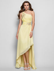 Sheath / Column Elegant Dress Wedding Guest Cocktail Party Asymmetrical Sleeveless One Shoulder Bridesmaid Dress Chiffon with Beading Slit Appliques