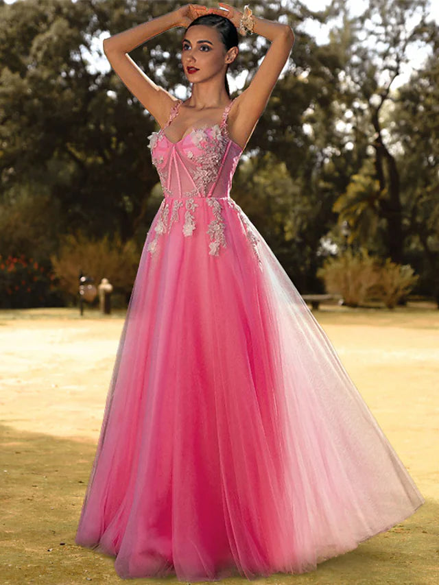 Pink See Through Spaghetti Strap Prom Dress