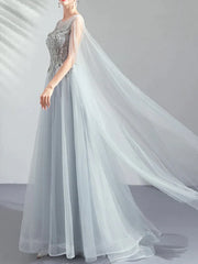 Gray Long Sleeve Tulle Beading Prom Dress