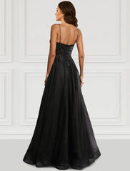 A-Line Prom Black Dress Floral Dress Party Wear Wedding Party Floor Length Sleeveless Spaghetti Strap Tulle with Glitter Slit