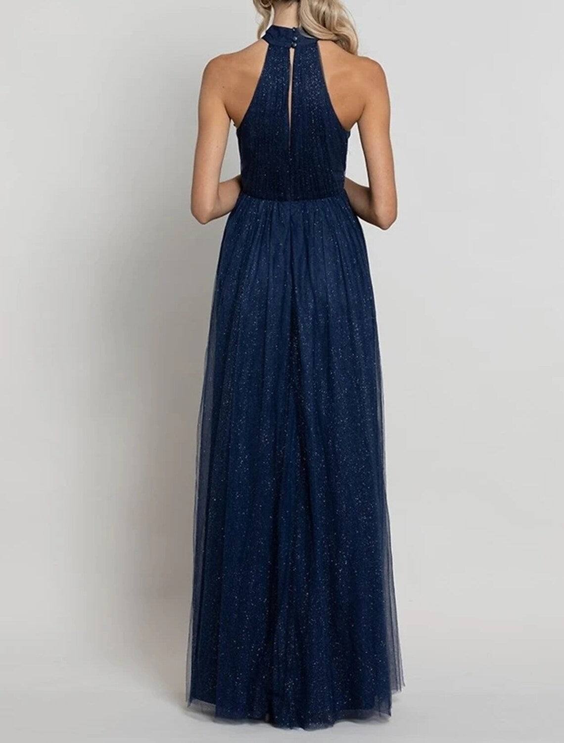 A-Line Bridesmaid Dress Halter Neck Sleeveless Elegant Floor Length Tulle with Pleats / Ruching - RongMoon