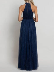 A-Line Bridesmaid Dress Halter Neck Sleeveless Elegant Floor Length Tulle with Pleats / Ruching - RongMoon