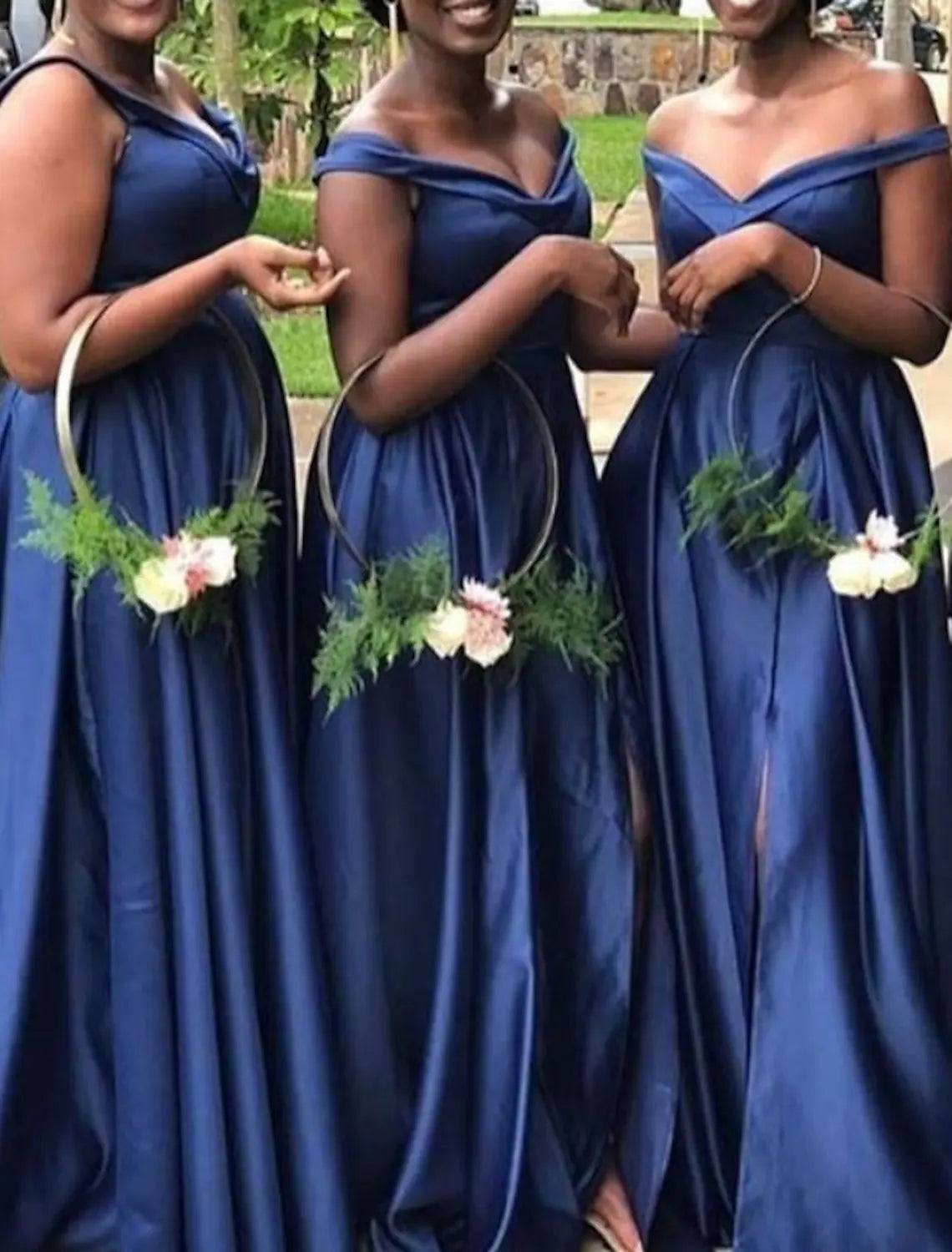 A-Line Bridesmaid Dress Off Shoulder Sleeveless Elegant Sweep / Brush Train Charmeuse with Split Front / Solid Color - RongMoon