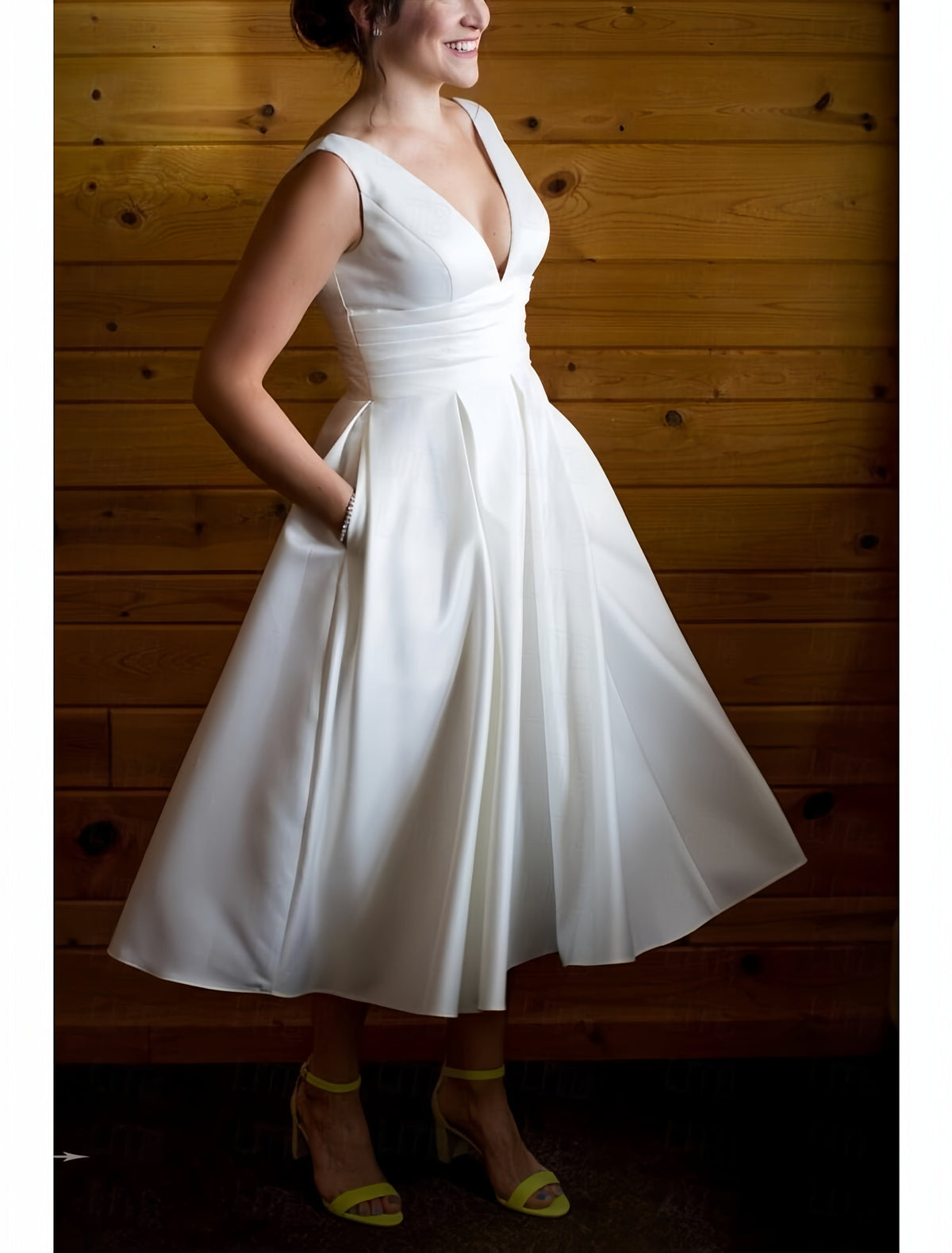 V Neck Tea Length Satin Wedding Dress With Pockets