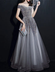 A-Line Prom Dresses Elegant Dress Formal Floor Length Short Sleeve Off Shoulder Polyester with Sequin
