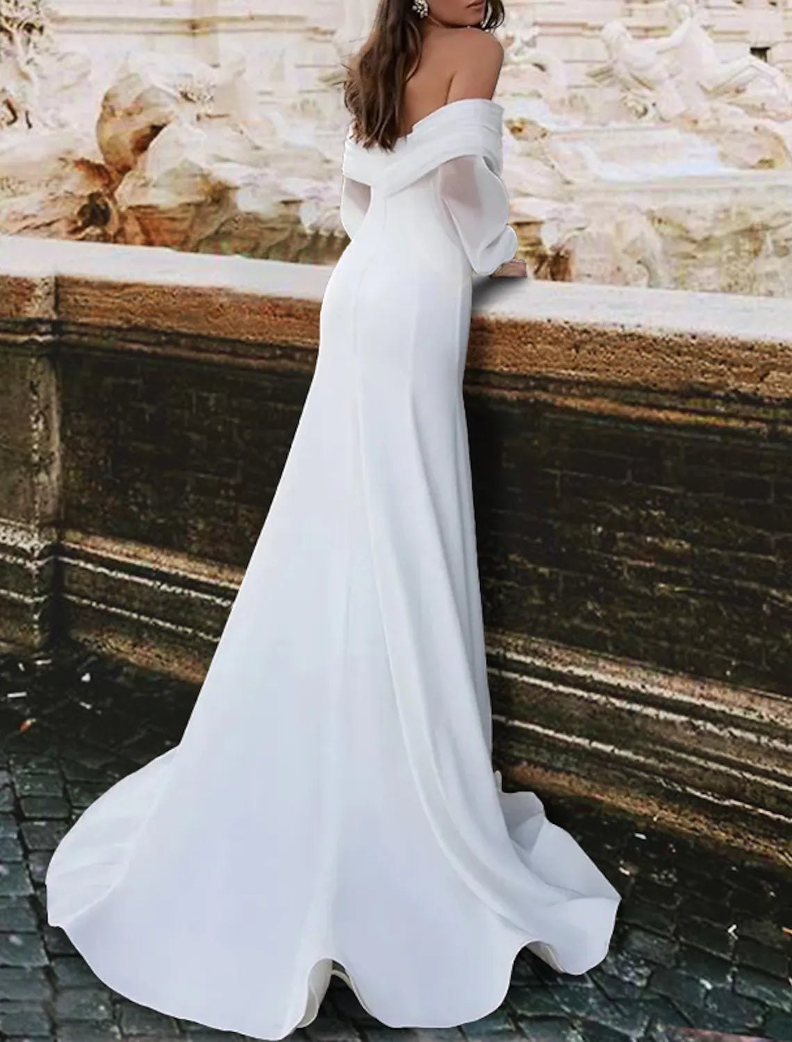 Garden / Outdoor Mermaid / Trumpet Wedding Dresses Sweep / Brush Train Simple Casual Long Sleeve Off Shoulder Satin With Ruched 2023 Bridal Gowns / Reception / Open Back - RongMoon