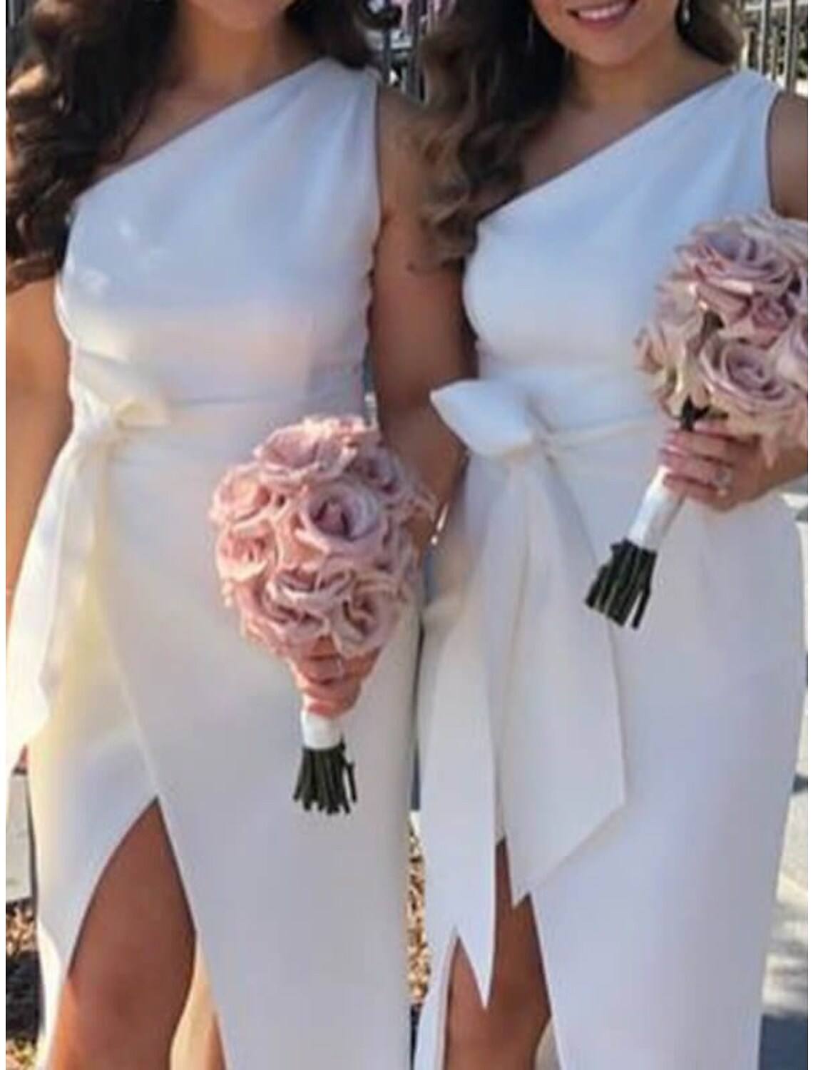 Sheath / Column Bridesmaid Dress One Shoulder Sleeveless Elegant Sweep / Brush Train Stretch Fabric with Bow(s) / Split Front - RongMoon