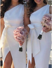 Sheath / Column Bridesmaid Dress One Shoulder Sleeveless Elegant Sweep / Brush Train Stretch Fabric with Bow(s) / Split Front - RongMoon