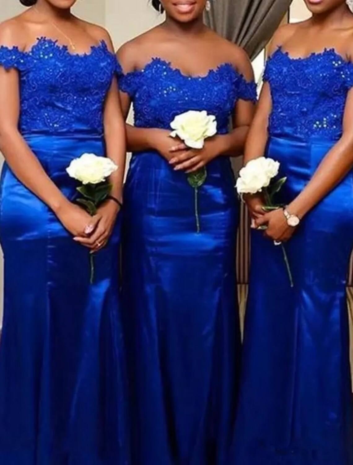 Mermaid / Trumpet Bridesmaid Dress Off Shoulder Short Sleeve Elegant Floor Length Lace / Charmeuse with Pleats / Solid Color - RongMoon