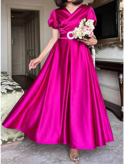 A-Line Bridesmaid Dress V Neck Short Sleeve Vintage Ankle Length Satin with Sash / Ribbon / Pleats - RongMoon