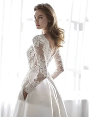 Beach Formal Wedding Dresses Chapel Train A-Line Long Sleeve Illusion Neck Satin With Lace Pleats