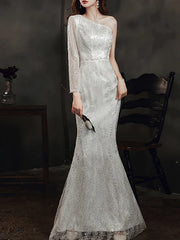 Long Sleeve Sequin Champagne Prom Dress