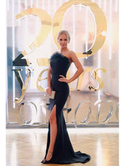 One Shoulder Black Feather Satin Prom Dress With Slit