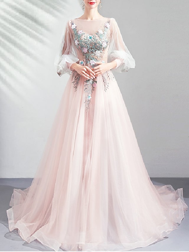 Long Sleeve Tulle Floral A Line Prom Dress