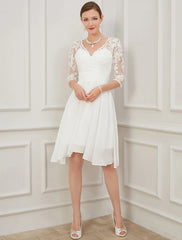 Bridal Shower Little White Dresses Wedding Dresses Knee Length A-Line Half Sleeve V Neck Chiffon With Draping Appliques