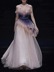 Purple Pleats Ruffles Ombre Prom Dress
