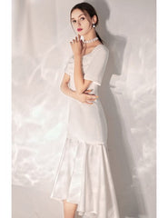 Vintage Satin Tea Length Short Sleeves Wedding Reception Dress