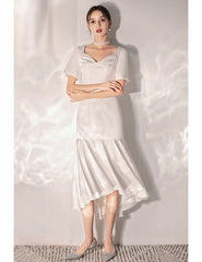 Vintage Satin Tea Length Short Sleeves Wedding Reception Dress