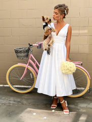 V Neck Tea Length Satin Wedding Dress With Pockets