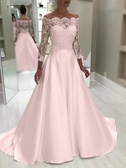 A Line Satin Off The Shoulder Long Sleeve Wedding Dress