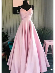 A-Line Prom Dresses Minimalist Dress Formal Floor Length Sleeveless V Neck Stretch Satin Backless with Pleats Ruched