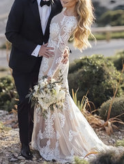 Champagne Trumpet Mermaid Lace Long Sleeve Wedding Dress