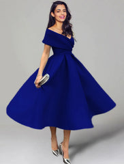 A-Line Wedding Guest Dresses 1950s Dress Summer Tea Length Sleeveless Off Shoulder Satin with Ruched