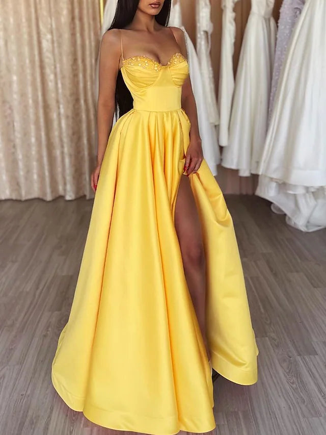 Yellow Satin Spaghetti Strap A Line Prom Dress With Slit