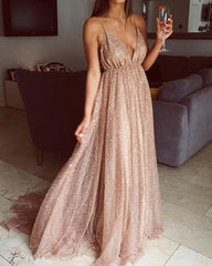 Long Sequins Prom Dresses Open Back Plunge Evening Gown