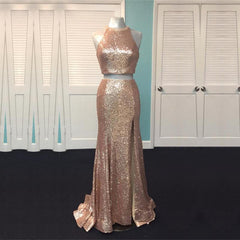 Rose Gold Sequin Two Piece Prom Dresses Mermaid Evening Gowns